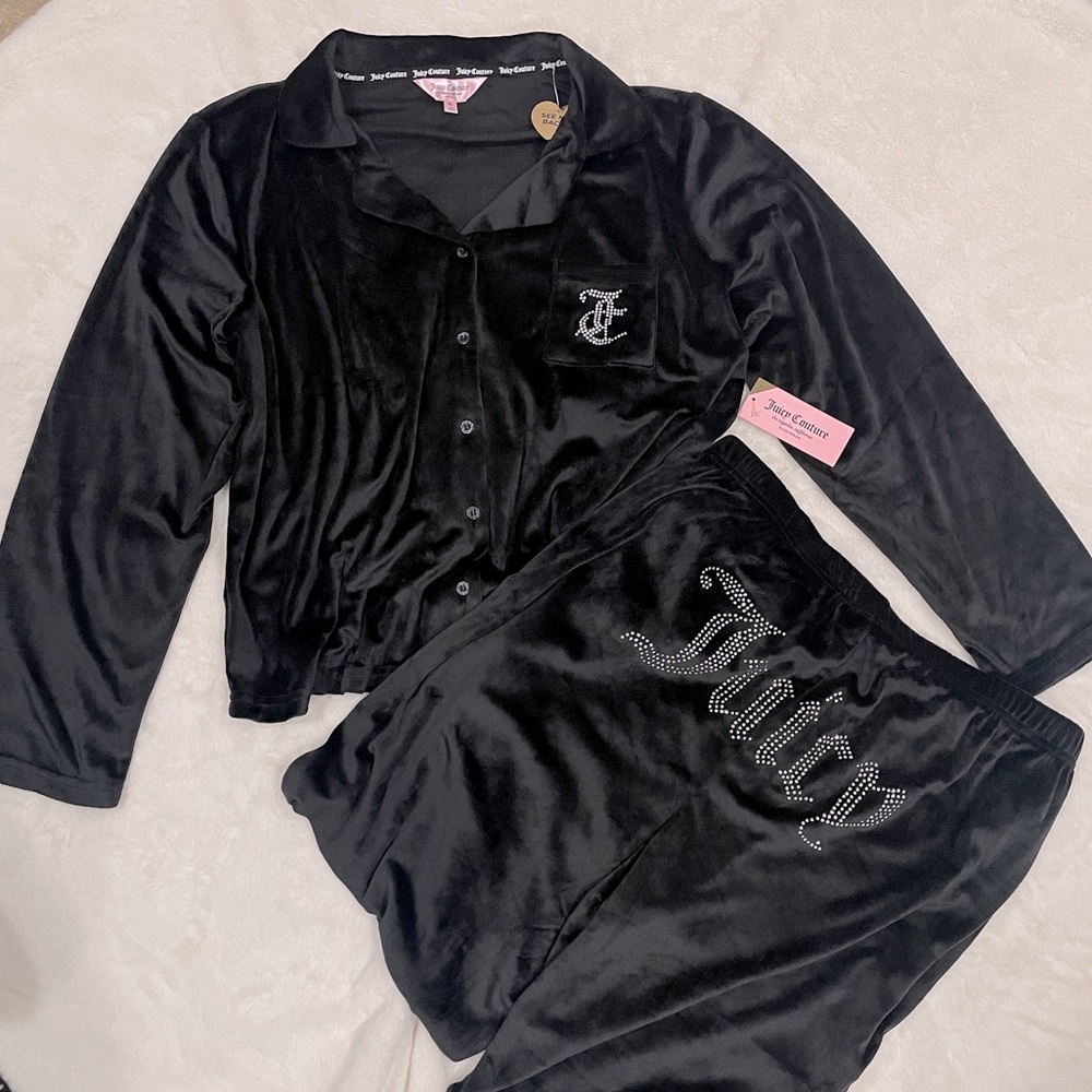 NEW Juicy Couture Black Velour Rhinestone Pajama Set Long Sleeve Button Up Pants